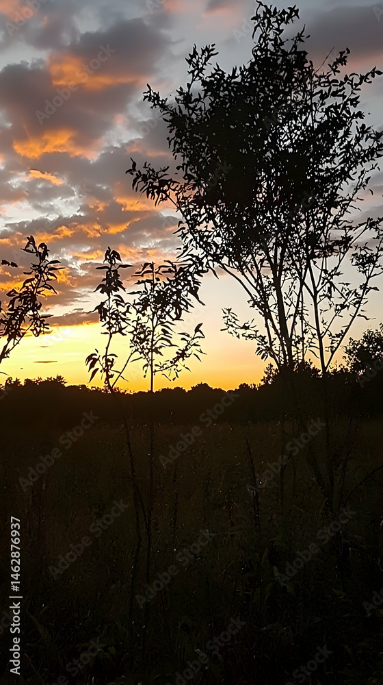 Fototapeta premium Vibrant sunset over a field, silhouetted trees, peaceful countryside evening. Perfect for travel, nature, or serenity themes