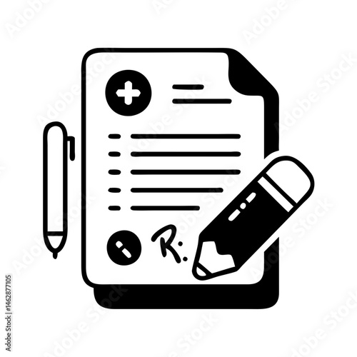 Simple black and white drawing of a prescription with pen and pencil