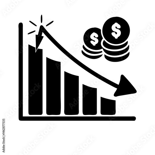 Dramatic economic decline depicted through a falling chart with coins