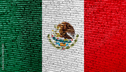 Flag of Mexico over digital code. Concept of cybersecurity, innovation, and digital infrastructure in Mexico. Modern tech development trends in Mexico. Programming, digital sovereignty and site devel