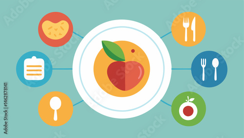 Nutrition Guidance A plate of healthy food options next to a nutrition guide with overlaying biomarker symbols indicating how each food type benefits different health profiles.