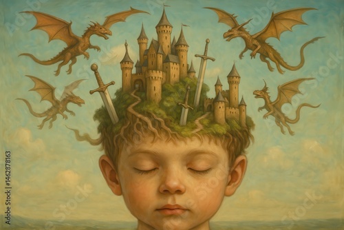 Imagination blossoms as a child dreams of dragons and castles in a whimsical landscape filled with adventure and magic