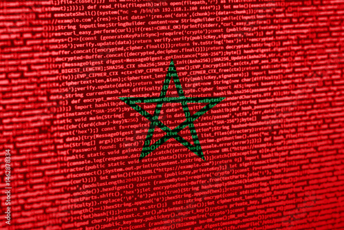 Flag of Morocco over digital code. Concept of cybersecurity, innovation, and digital infrastructure in Morocco. Modern tech development trends in Morocco. Programming, digital sovereignty and site de