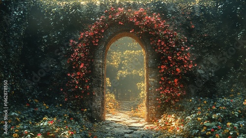 Magical floral gateway revealing hidden garden enchanted forest photography serene atmosphere low angle dreamlike escape