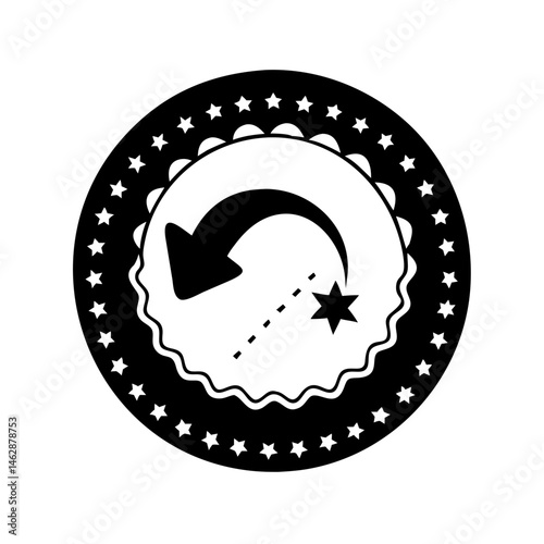 Black and white icon features an arrow rotating toward a star shape