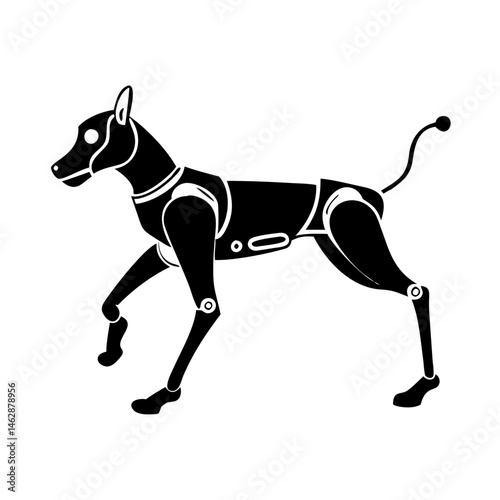 Geometric stylized drawing of a mechanical robotic dog on white background