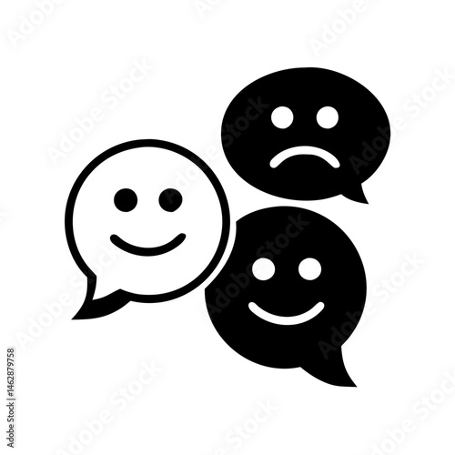 Three speech bubbles showing positive, negative, and positive emotional states represented as smileys