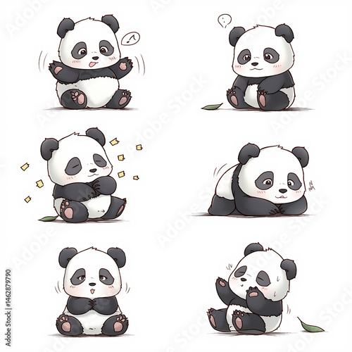 Adorable Cartoon Panda Depicting Various Cute and Playful Expressions and Poses


