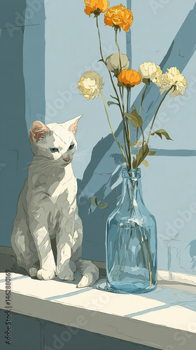 White Cat Resting Next to Cut Flowers in a Glass Vase on a Windowsill

