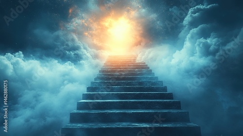 Journey of light ascending stairs to a celestial gateway digital art fantasy landscape ethereal atmosphere