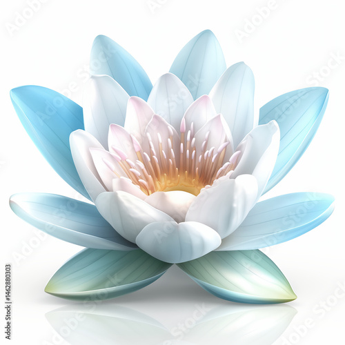Elegant Bloom of a White Lotus With Soft Blue and Pink Petals

