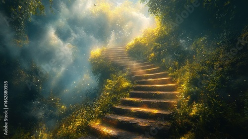 Serene ascend through natural stairs enchanted forest scenic image lush environment dreamy viewpoint tranquil concept