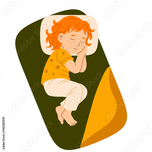 Young girl with red hair sleeping on her side in yellow pajamas, covered with an orange blanket