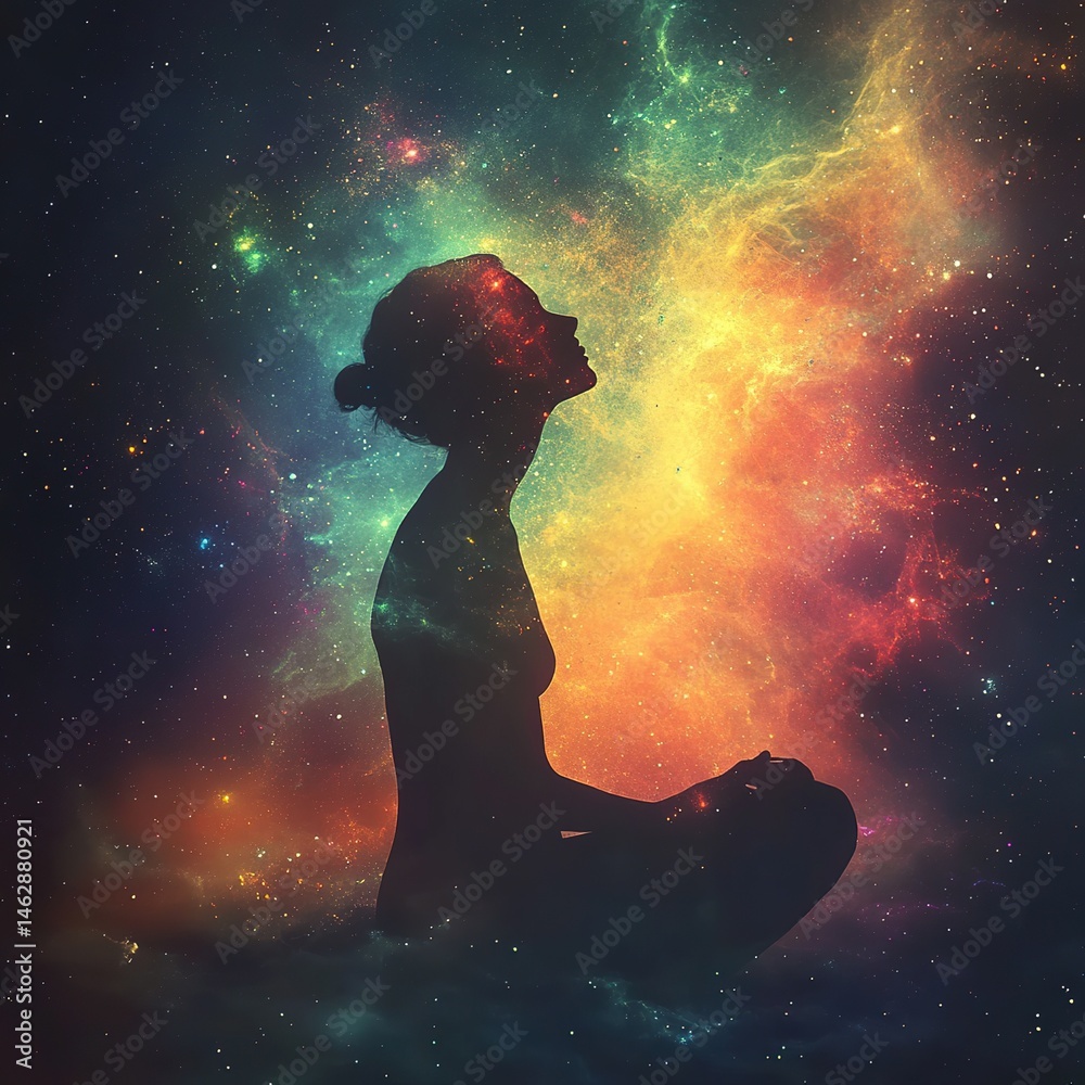 Fototapeta premium Cosmic meditation a woman's contemplation in a vibrant universe digital art surreal environment side view