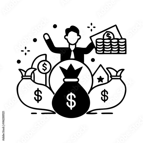 Successful investor surrounded by money bags and stacks of coins illustration