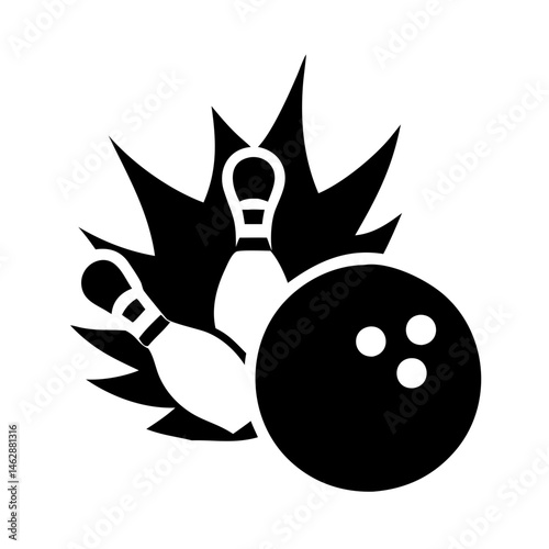 A striking bowling ball hitting bowling pins with explosion effect in black and white