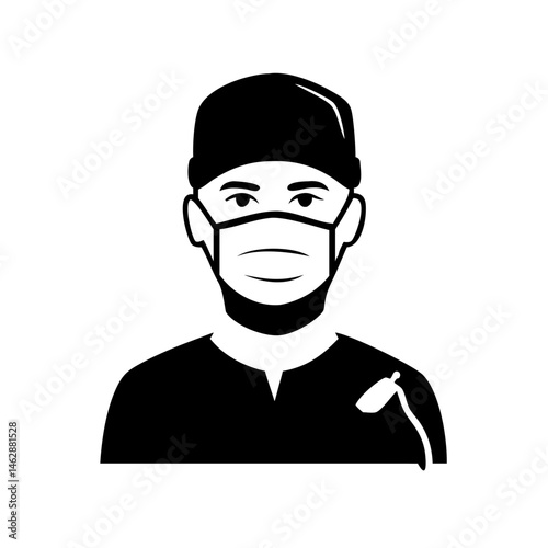 Medical professional wearing a face mask and cap with surgical instrument
