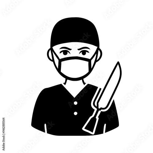 Stylized Black and White Illustration of a Surgeon with a Surgical Tool