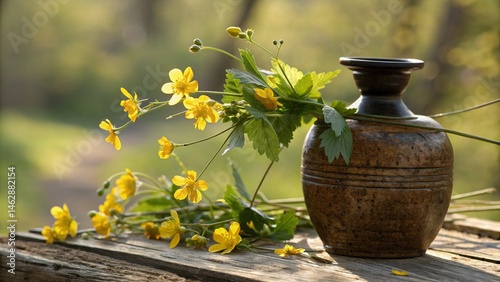 rustic brown vase with bright yellow wildflowers on weathered wood illustration background.