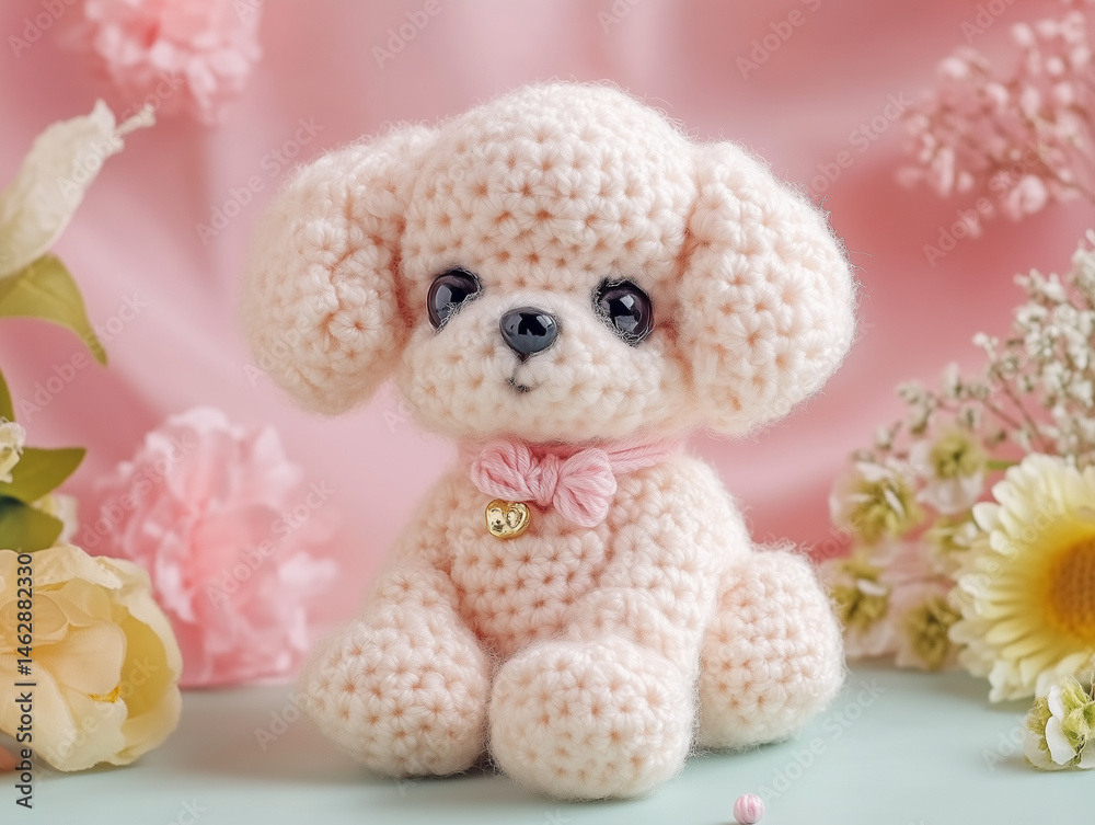 Fototapeta premium Adorable crochet poodle puppy sitting amidst flowers