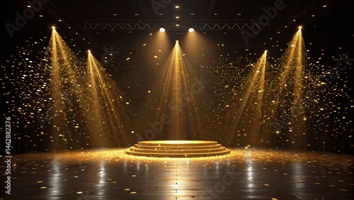  illuminated gold stage with spotlights and falling glitter on dark background