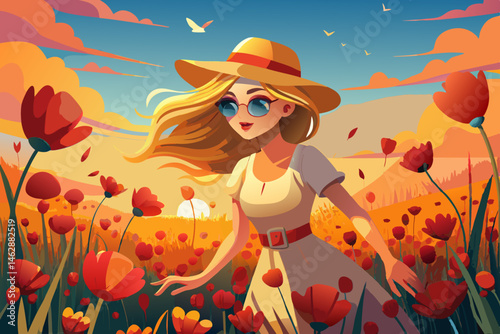 vector of Young beautiful girl with blond hair and straw hat sunglasses running among red poppies at sunset