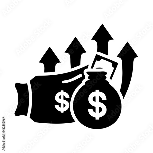 Financial growth and investment concept shown with money bags and rising arrows