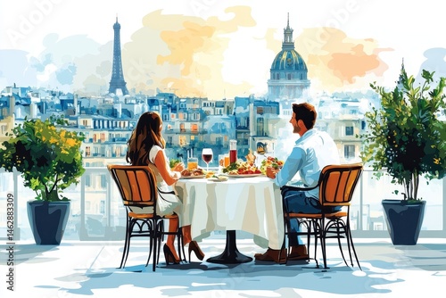 Family enjoys lunch with a stunning cityscape view during a sunny afternoon by the waterfront
