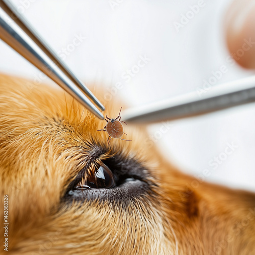 Dog undergoing tick removal with tweezers against a light background  