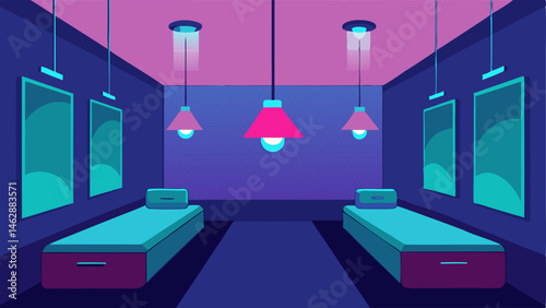 Lighting Features Ambient lighting fixtures that change colors creating a calming environment for patients depicted as softly glowing panels along the ceiling.