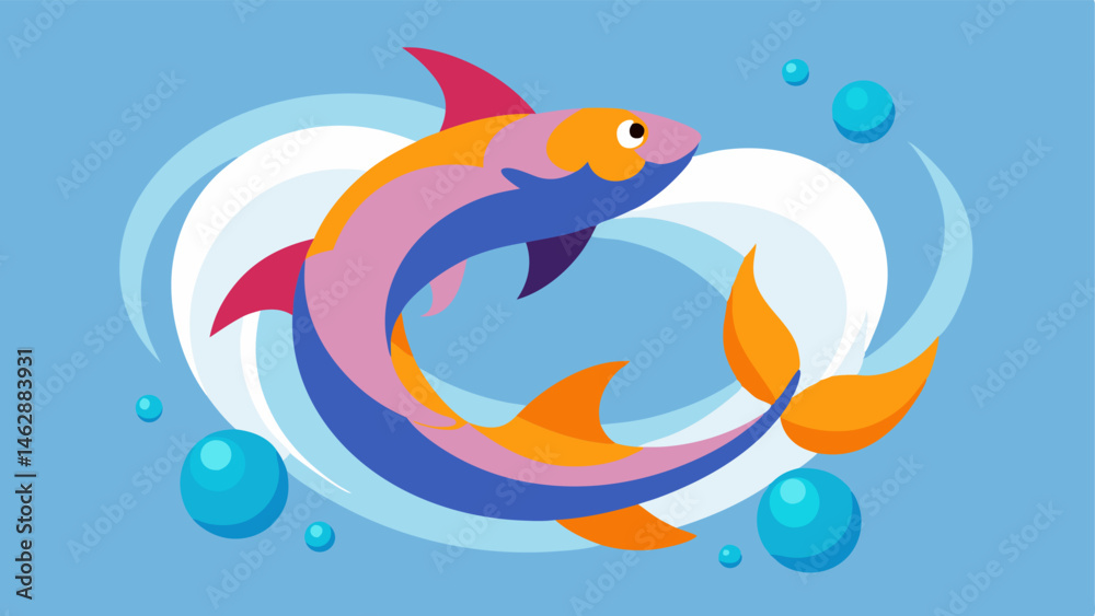 Harmony in Motion In this lively scene a shark and a goldfish swim alongside each other in a swirl of colorful bubbles. The shark is elegantly curved with subtle stripes on its