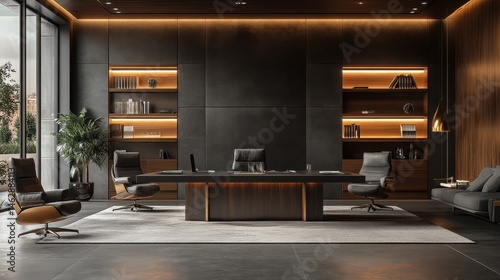 A high-end corporate meeting room with a deep black backdrop, modern and sophisticated