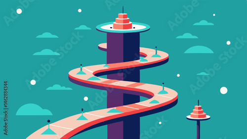 Floating Pathways An impossible tower with multiple spiraling pathways that curve upwards and then lower back to ground level creating a sense of endless ascent. The pathways are