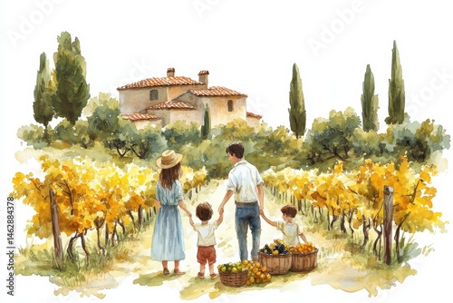 Family enjoying a joyful day in a vineyard with golden grapevines under clear skies in late afternoon light