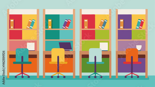 Colorful study cubicles each with a desk chair and shelves for students to personalize and make their own.