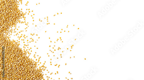 Scattering of Millet Grains on Clean White Background, Detailed Texture, Bright Lighting