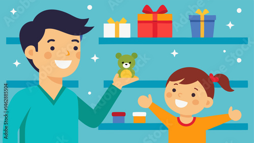 Happy Faces A parent and child exchanging excited glances while pointing at a shelf full of shimmering toys underscored by bright colorful Sale banners.