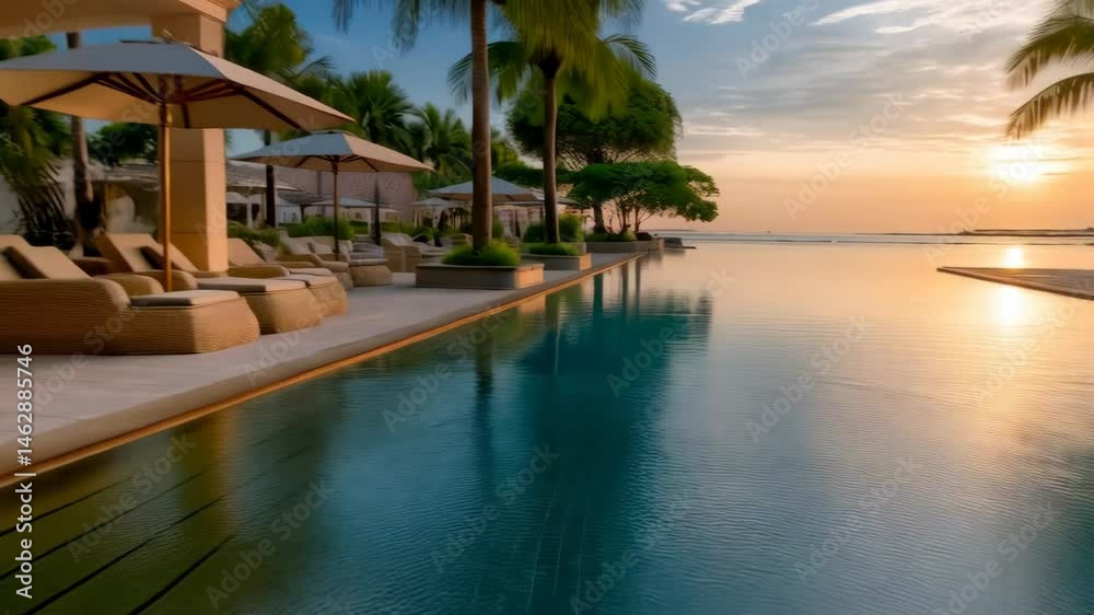 Scenic tropical pool and ocean reflecting warm sunset with palm trees and loungers