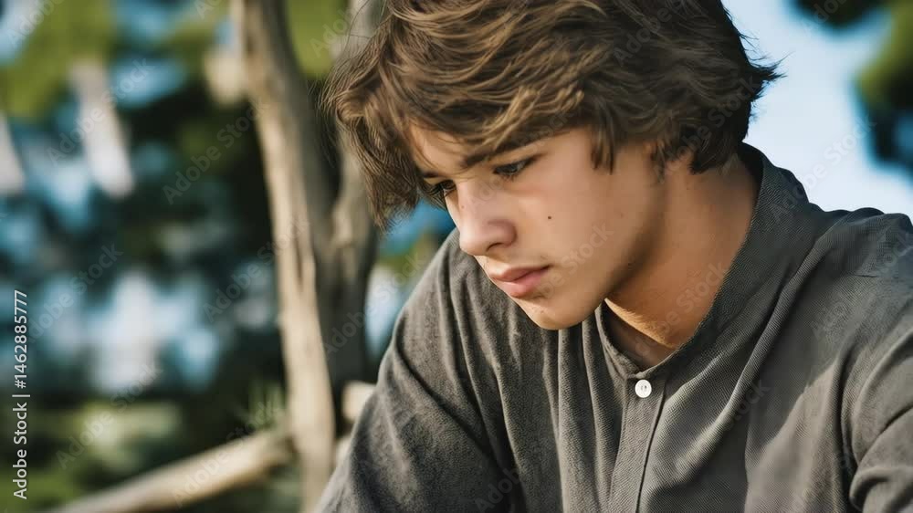 Contemplative teenager with brown hair looking down in an outdoor setting with muted colors, wearing a neutral toned, collared shirt.
