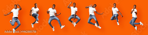 Collage of jumping in air stylish black guy on orange studio background, panorama. Carefree african american young man showing funny figures, jumping, running, dancing, fooling