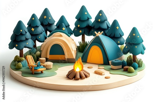Colorful teepees arranged around a vibrant campfire surrounded by decorative stones and stars in a cozy indoor setting