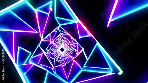 Abstract neon tunnel of triangles in blue and purple against black backdrop