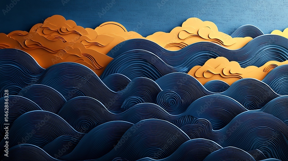 Fototapeta premium a blue and gold wave pattern with clouds