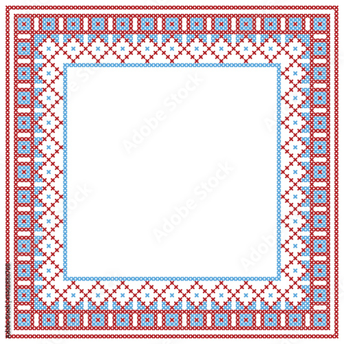 Cross-stitch square frame, decorative style, textile art, on a white background