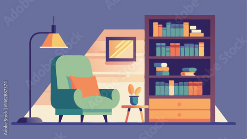 A reading nook with a lowsitting chair a floor lamp and a floortoceiling bookshelf made of lightcolored wood.