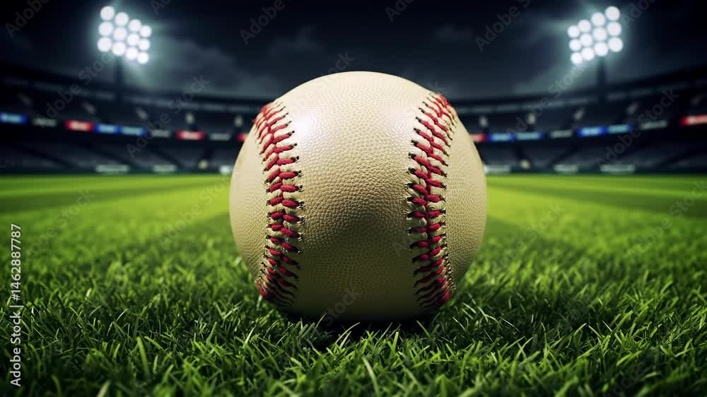 Baseball on green field under stadium lights  