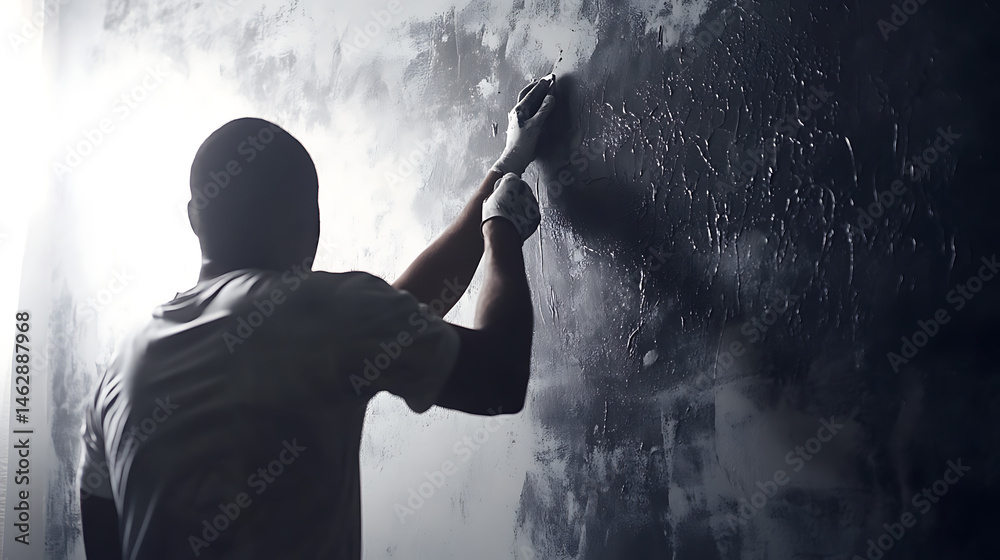 Obraz premium Man Applying Substance to Wall