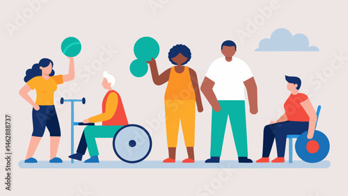 Inclusive Fitness Class An illustration of a diverse group participating in a fitness class including individuals with various disabilities using modified equipment.