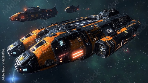 Fototapeta Naklejka Na Ścianę i Meble -  Futuristic space station floating a distant galaxy with ships docking and neon lights glowing cinematic interstellar hub