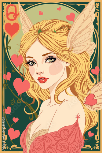 Queen of Hearts. Playing card vector. Art nouveau style